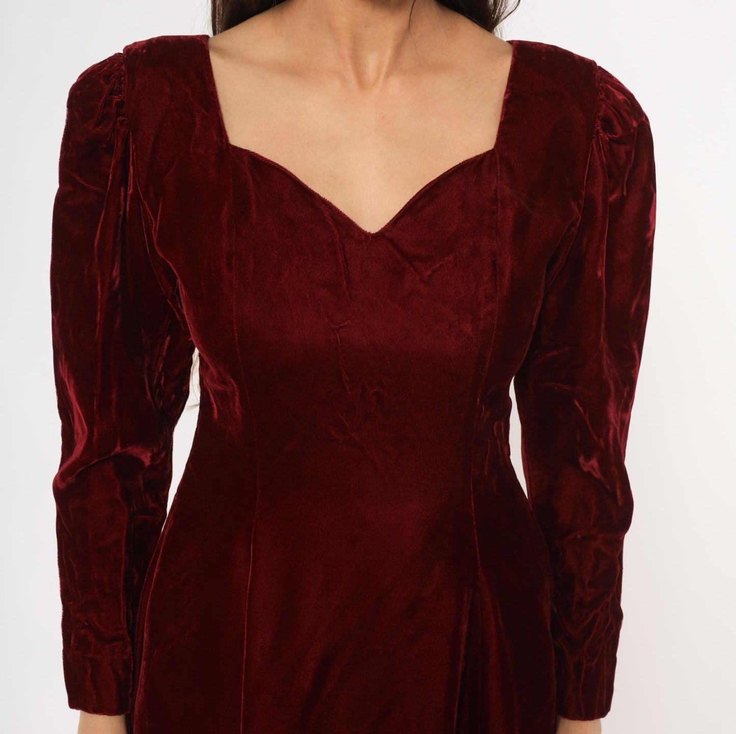 90s Perspective Burgundy Velvet Mini Dress Sweetheart Neckline Puff Sleeve Small S
