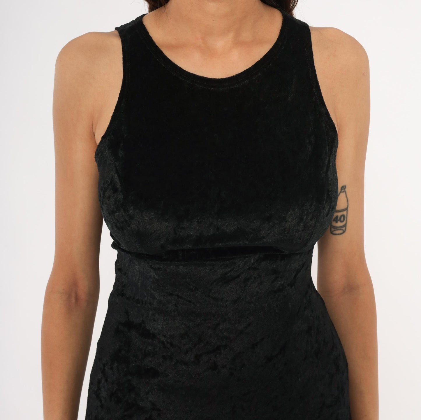 90s Hana Black Crushed Velvet Maxi Dress Sleeveless Scoop Neck Small S