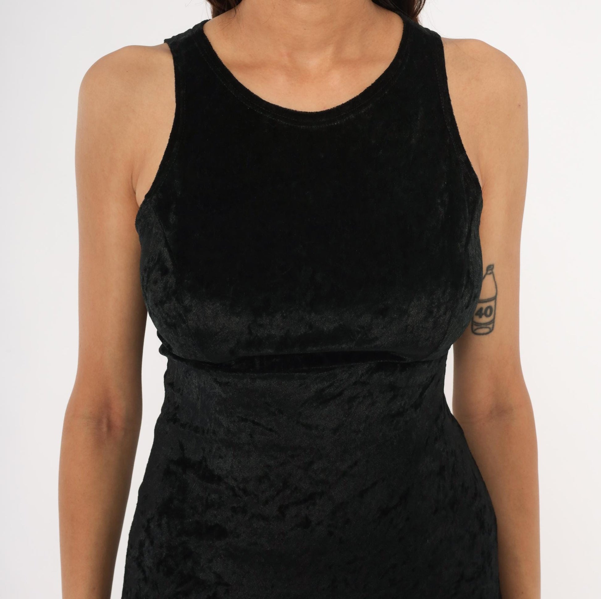 90s Hana Black Crushed Velvet Maxi Dress Sleeveless Scoop Neck Small S