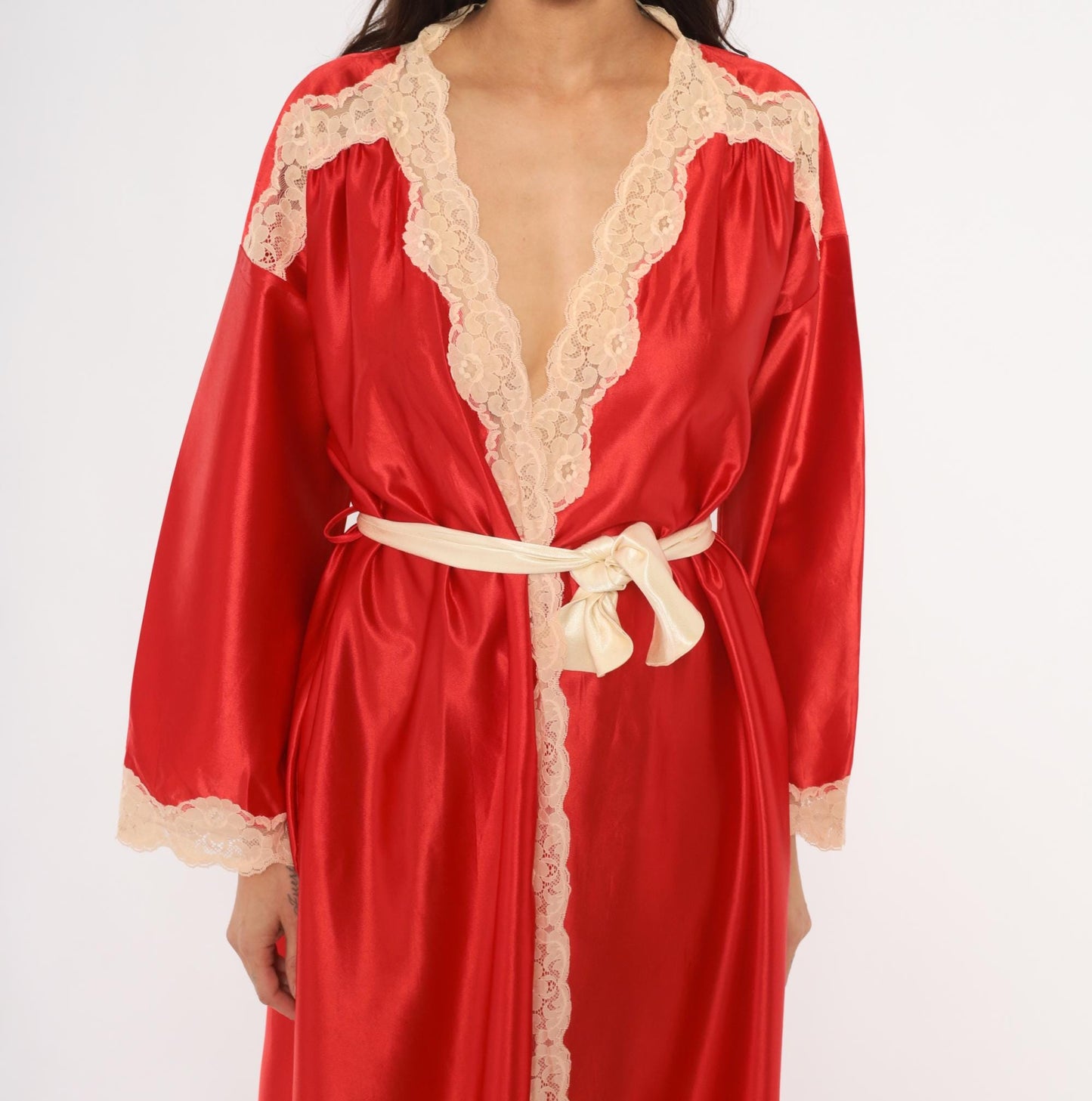 70s Tom Bezduda Barad Red Satin Robe Lace Trim Maxi Tie Front Medium