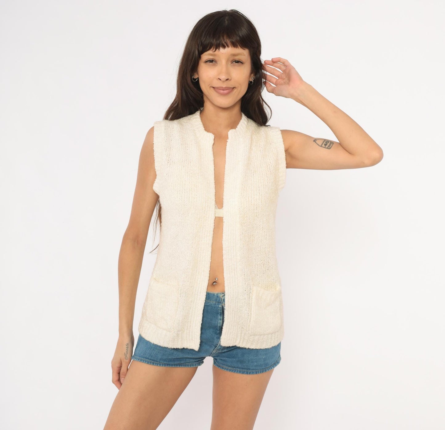 80s Moneta Cream Knit Sweater Vest Patch Pocket Cardigan Small