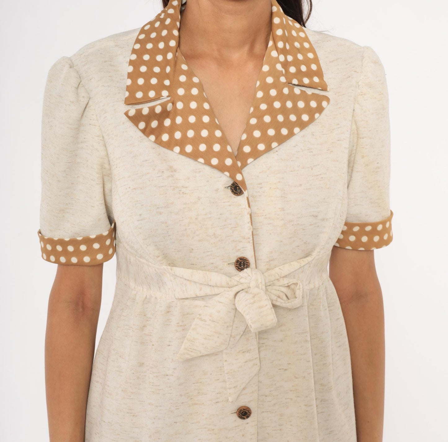 70s Cream Polka Dot Collar Shirtdress Puff Sleeve Tie Waist Knee-Length Medium M