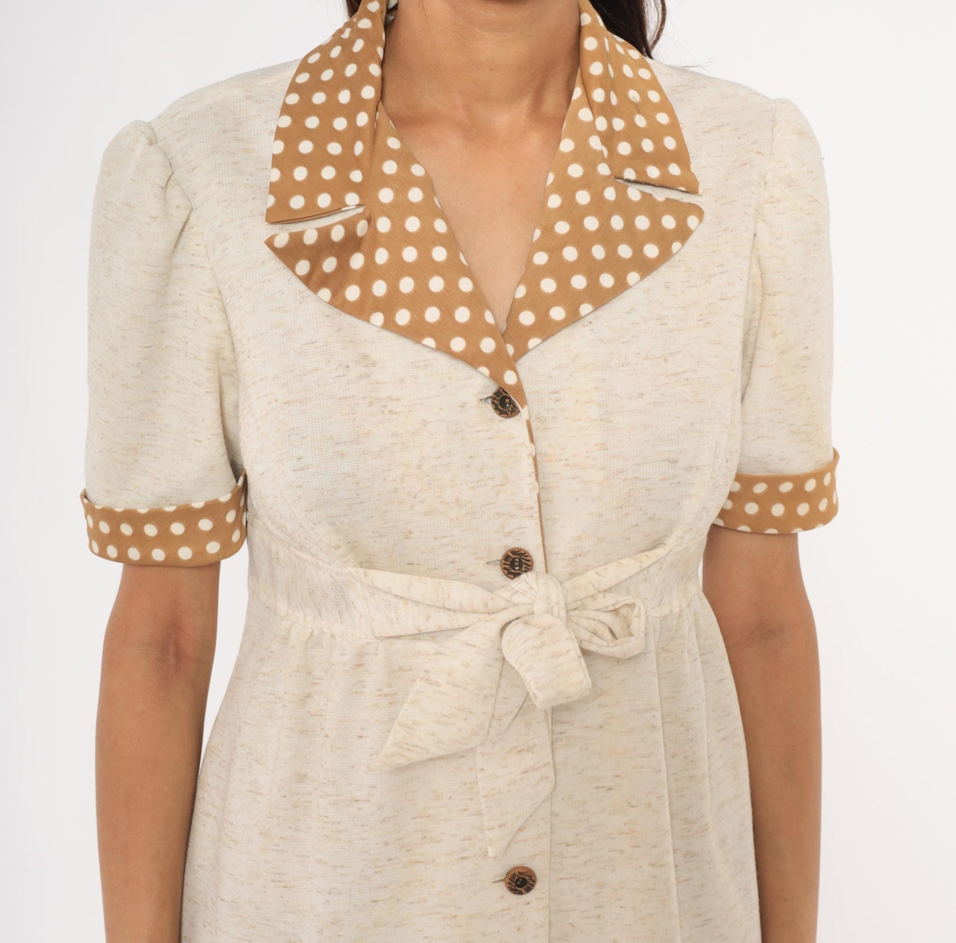 70s Cream Polka Dot Collar Shirtdress Puff Sleeve Tie Waist Knee-Length Medium M