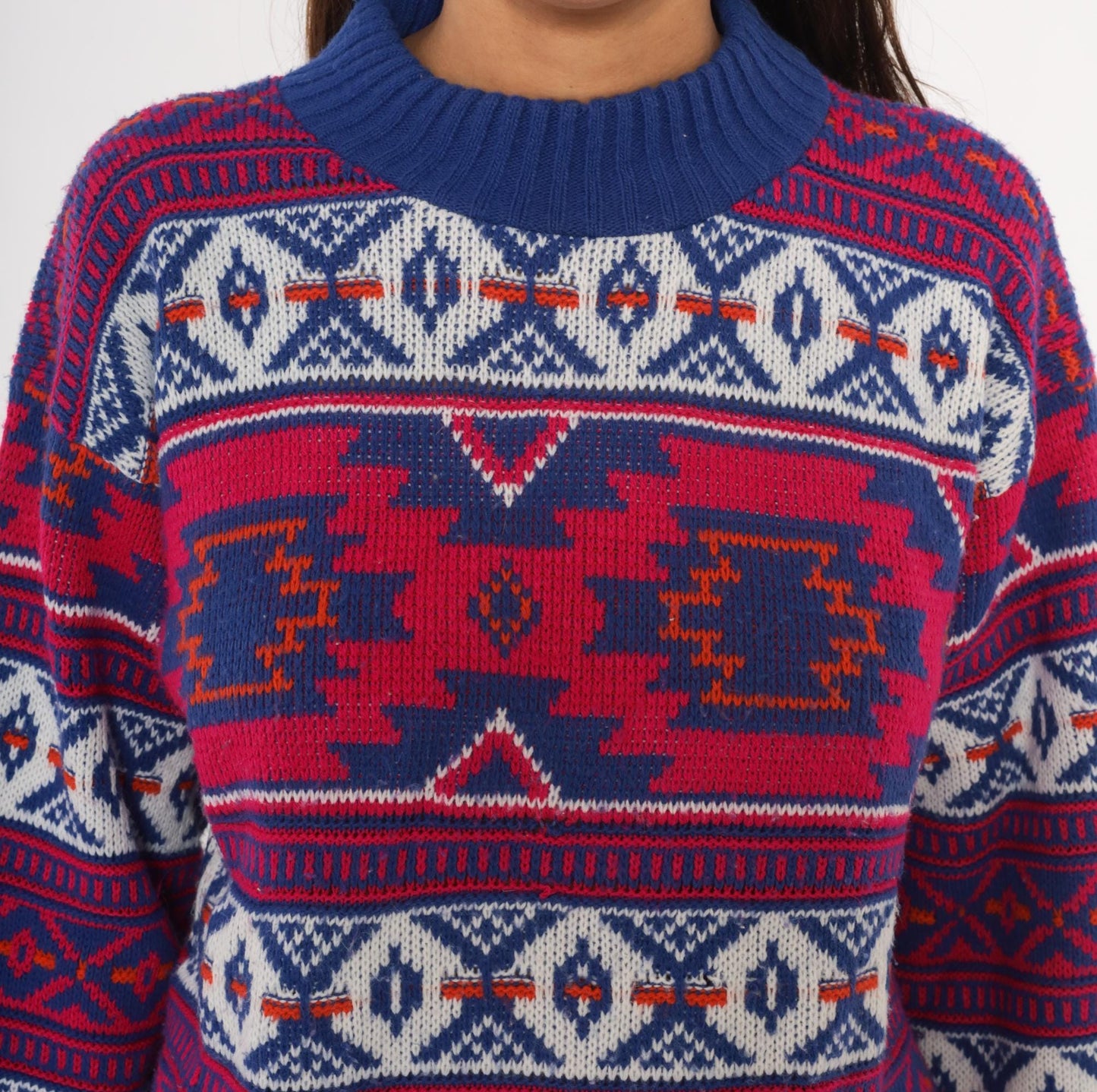 90s Croquet Southwestern Geometric Knit Pullover Navy Blue Pink Medium M