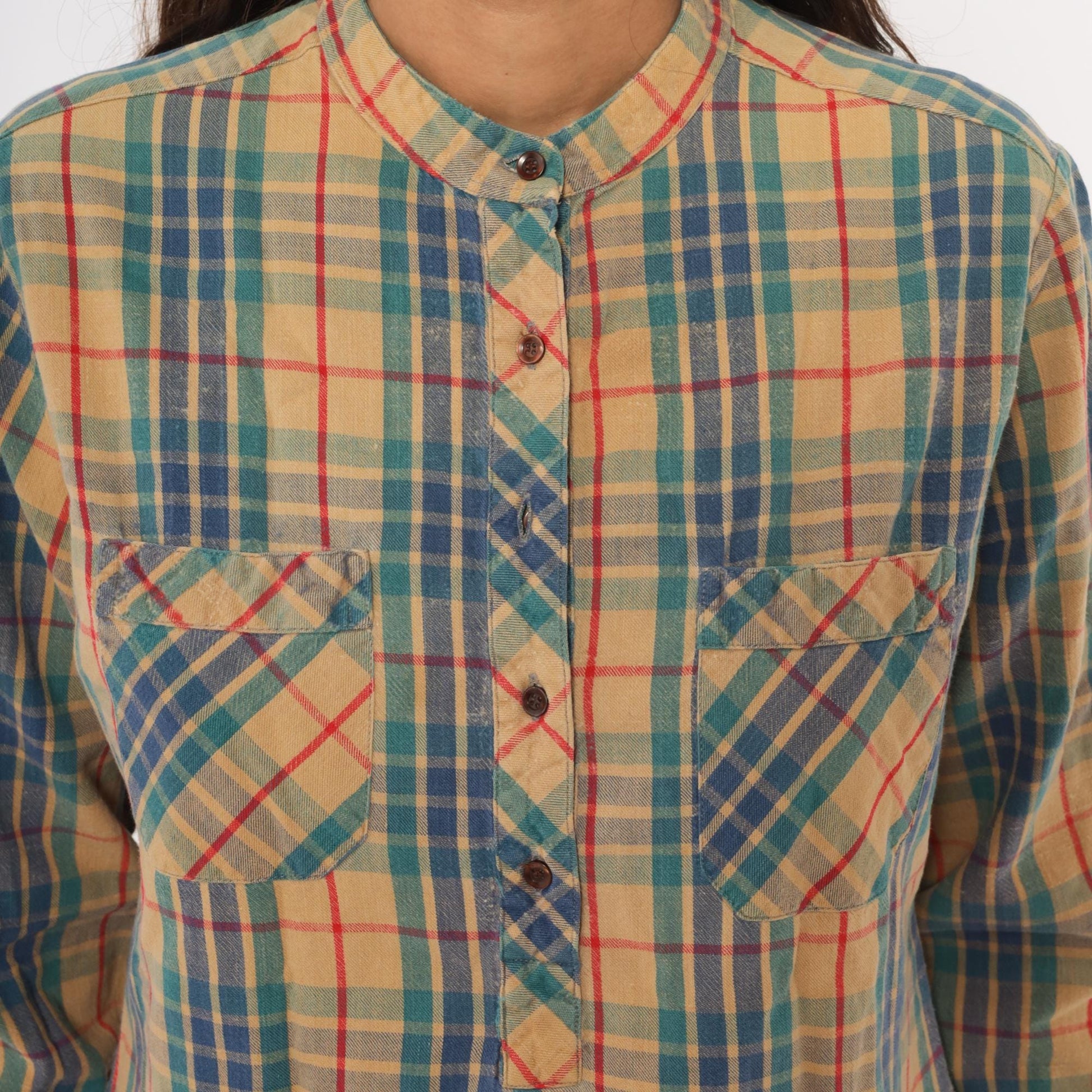 80s Hot Line Mervyns Plaid Henley Shirt Tan Navy Teal Red Cotton Small