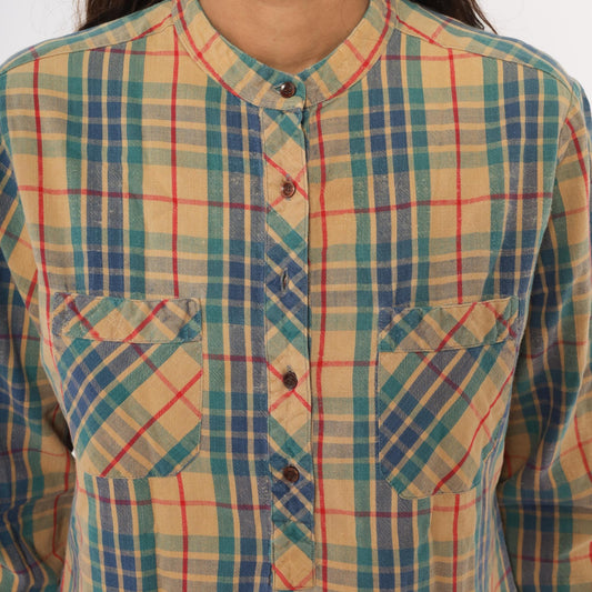 80s Hot Line Mervyns Plaid Henley Shirt Tan Navy Teal Red Cotton Small