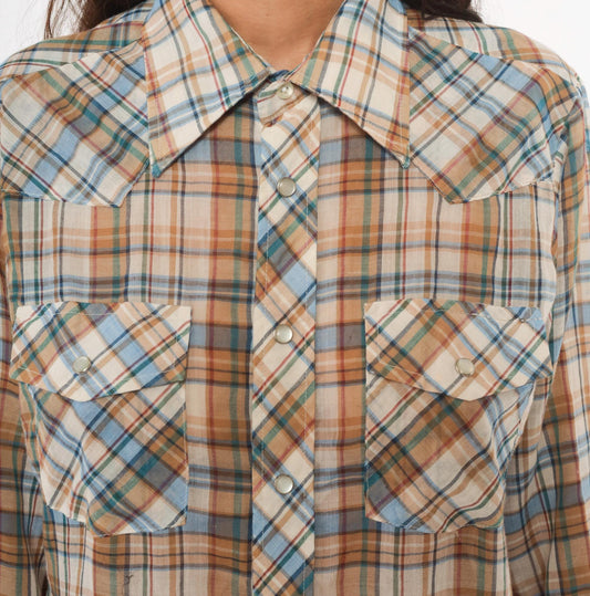 80s Plaid Western Snap Button Shirt Tan Blue Cream Small
