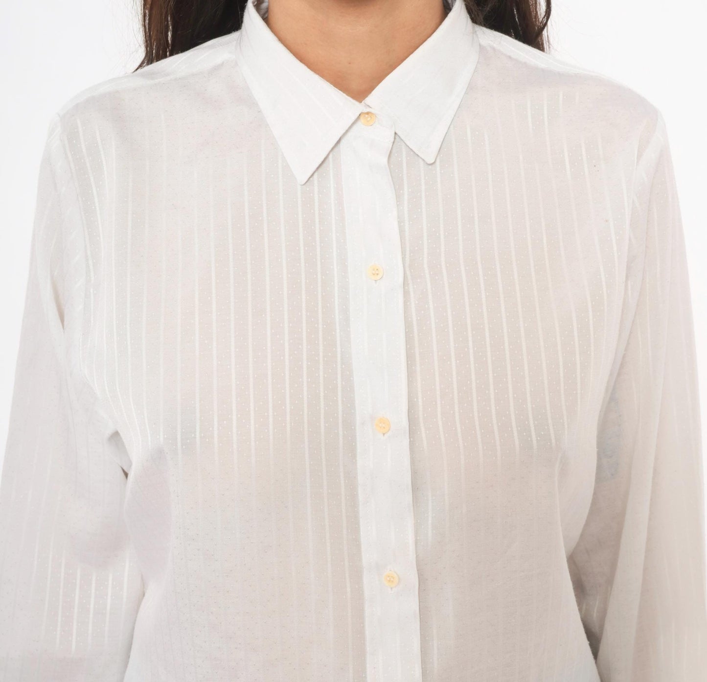90s Cobble-Lane White Striped Button-Up Blouse Pointed Collar Large L