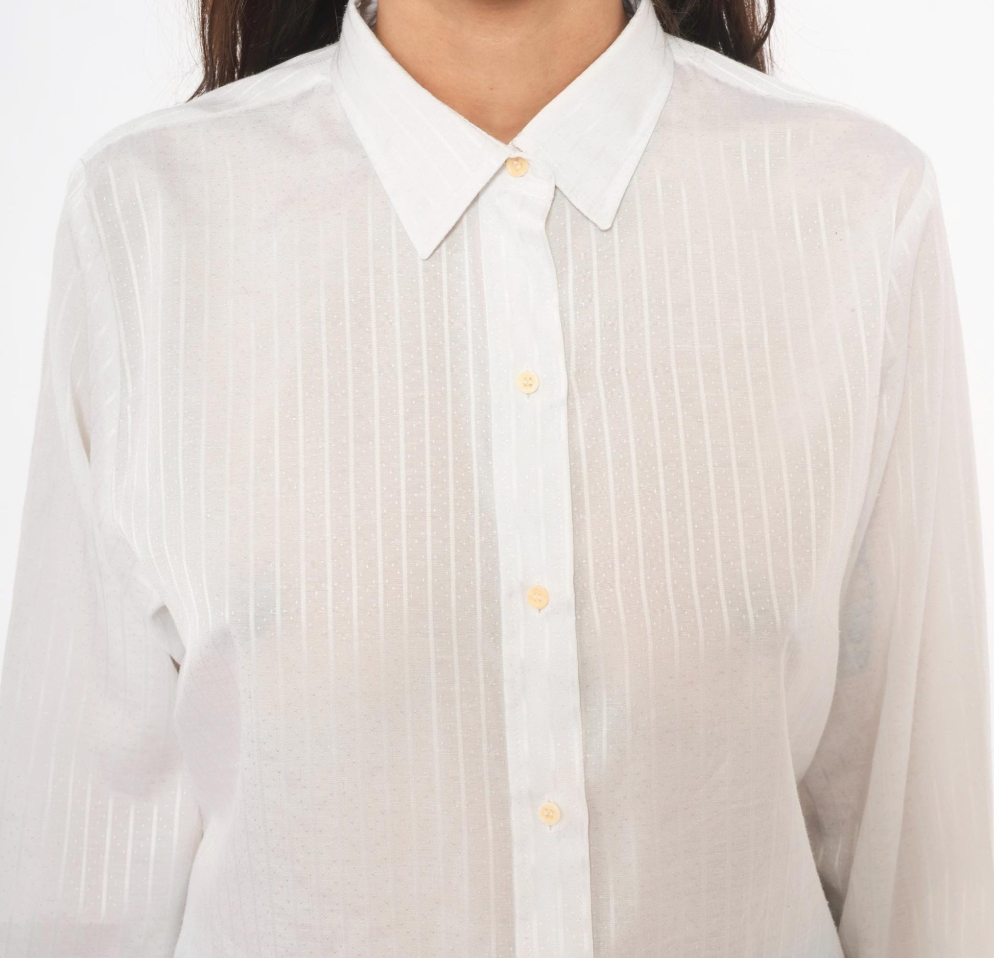 90s Cobble-Lane White Striped Button-Up Blouse Pointed Collar Large L