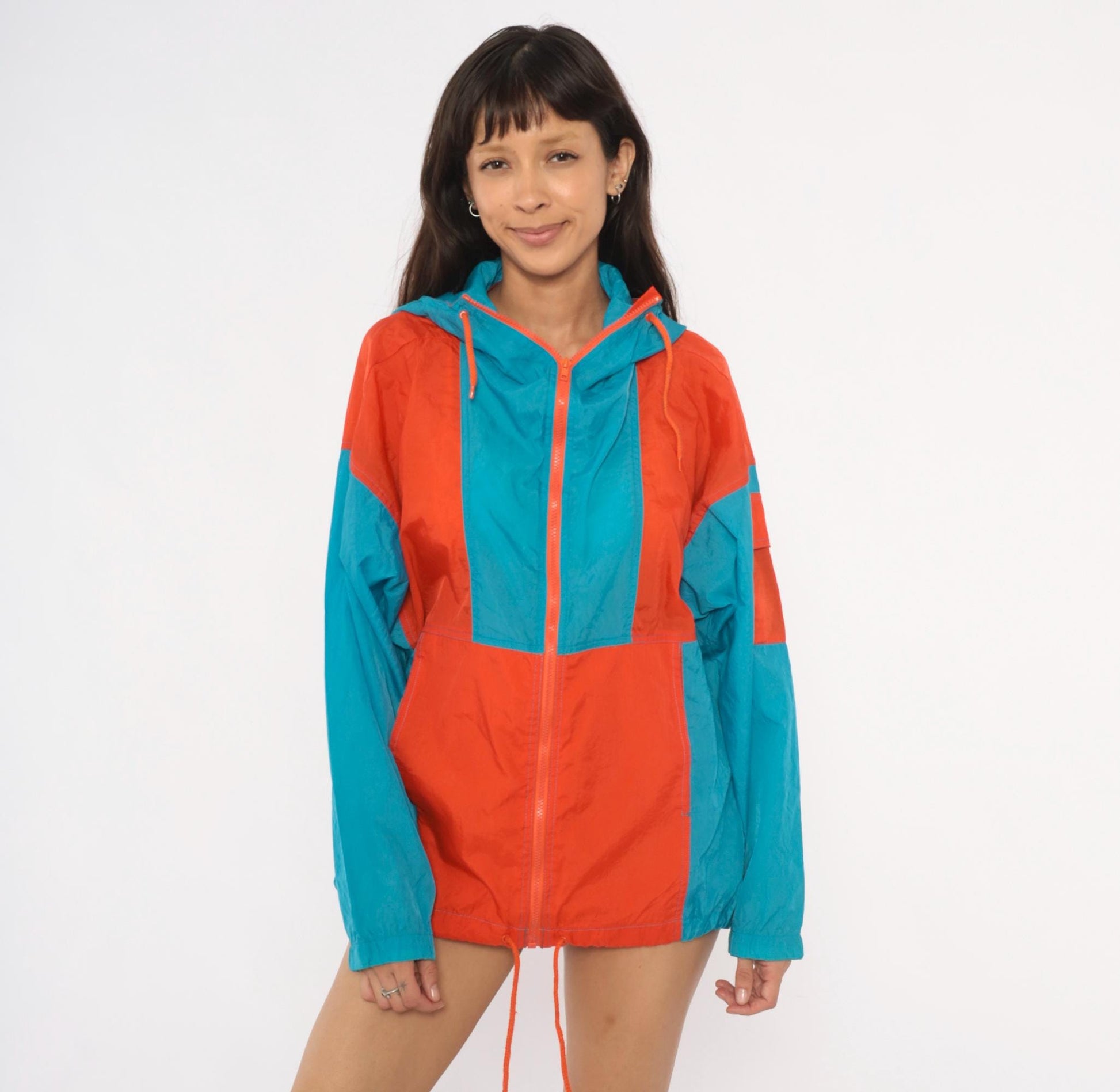 80s Sbi Teal Orange Colorblock Windbreaker Hooded Nylon Jacket Small