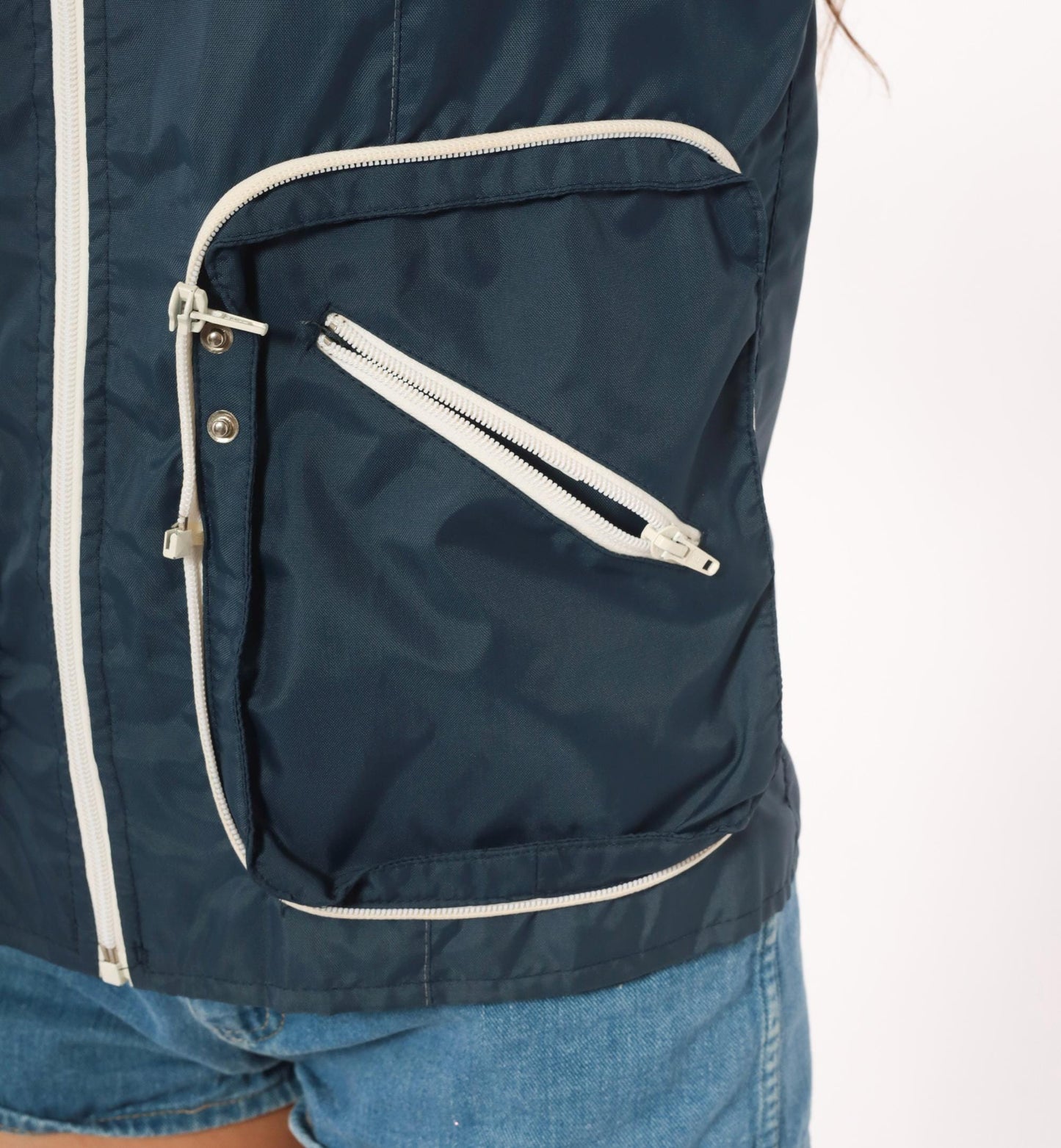 70s Navy Windbreaker White Contrast Zipper Stand Collar Shell Jacket Small S