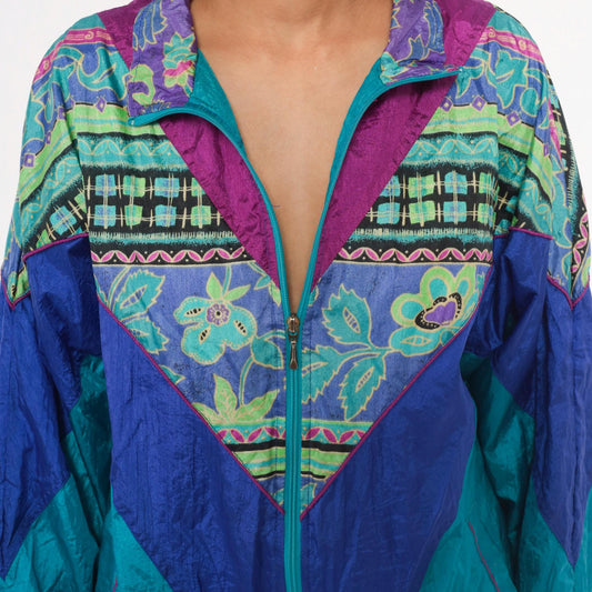90s Bold Spirit Colorblock Windbreaker Teal Purple Geometric Floral Extra Large XL