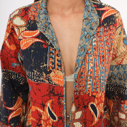 2000s Alfred Dunner Batik Patchwork Quilted Blazer Navy Red Orange Small
