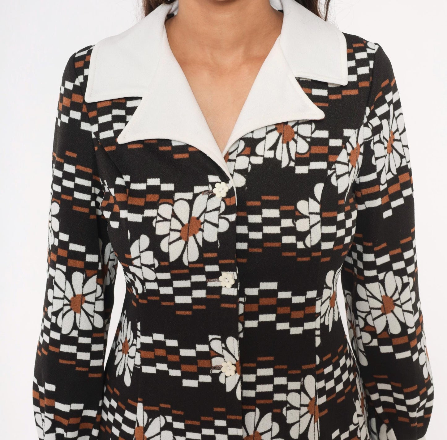 70s Daisy Print Mini Babydoll Dress Black White Checkered Collar Medium M