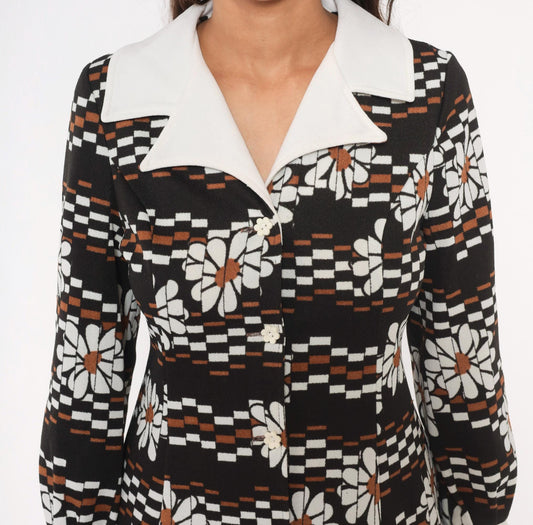 70s Daisy Print Mini Babydoll Dress Black White Checkered Collar Medium M