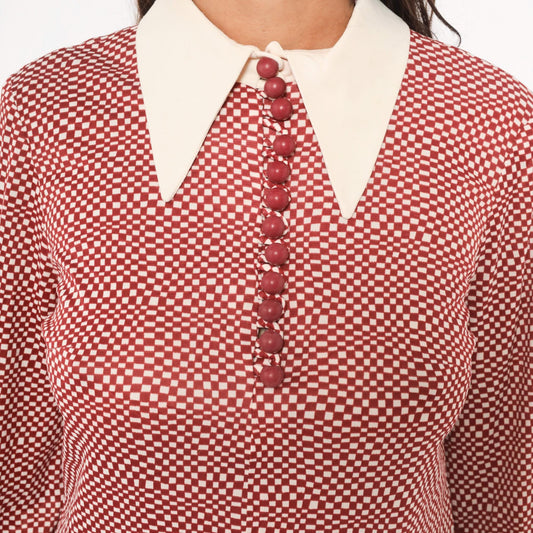 70s Patty Oneil Checkerboard Mini Dress Burgundy Cream Puff Sleeve Medium M