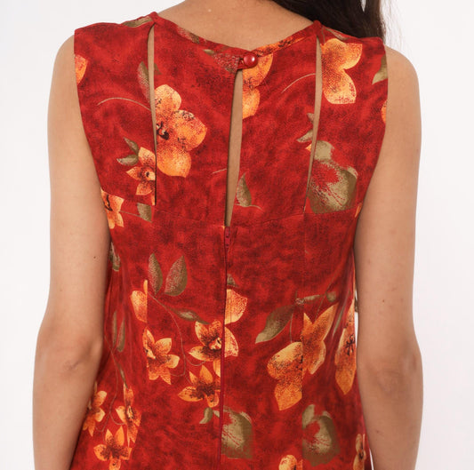 90s Olivia Rose Floral Maxi Dress Red Orange Sleeveless Keyhole Back Medium