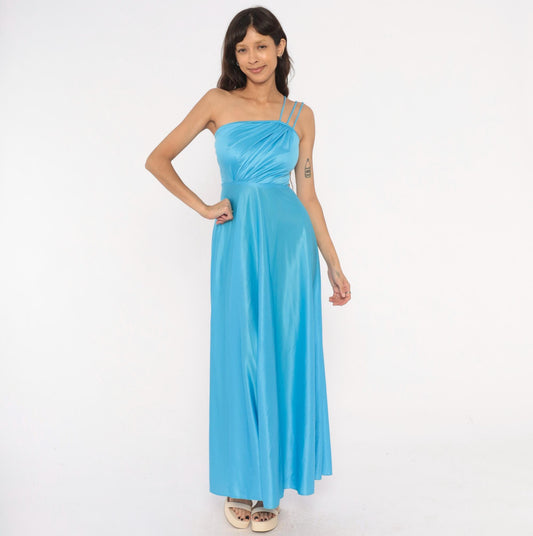 70s Sky Blue One-Shoulder Maxi Gown Asymmetric Draped Bodice Floor Length Extra Small XS
