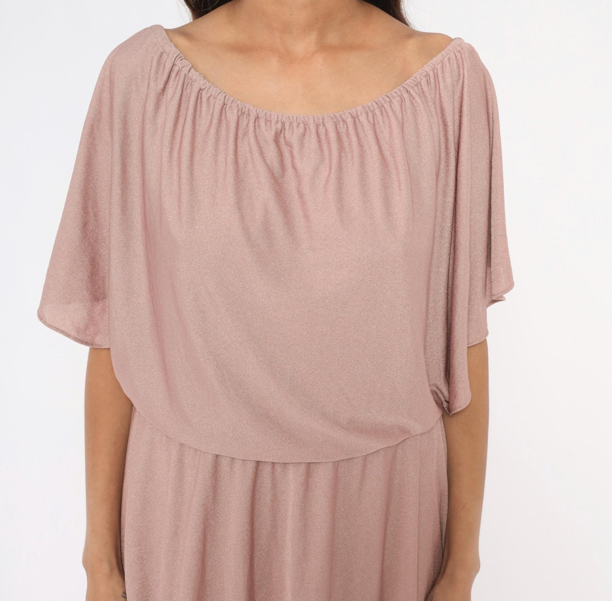 70s The Dress Mauve Tiered Midi Dress Flutter Sleeve Cold Shoulder Medium
