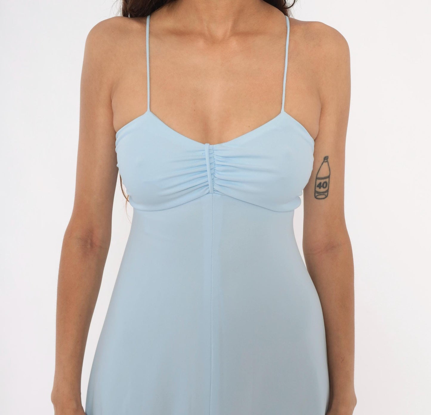 70s Baby Blue Maxi Dress Spaghetti Strap Sweetheart Neckline Empire Waist Extra Small XS