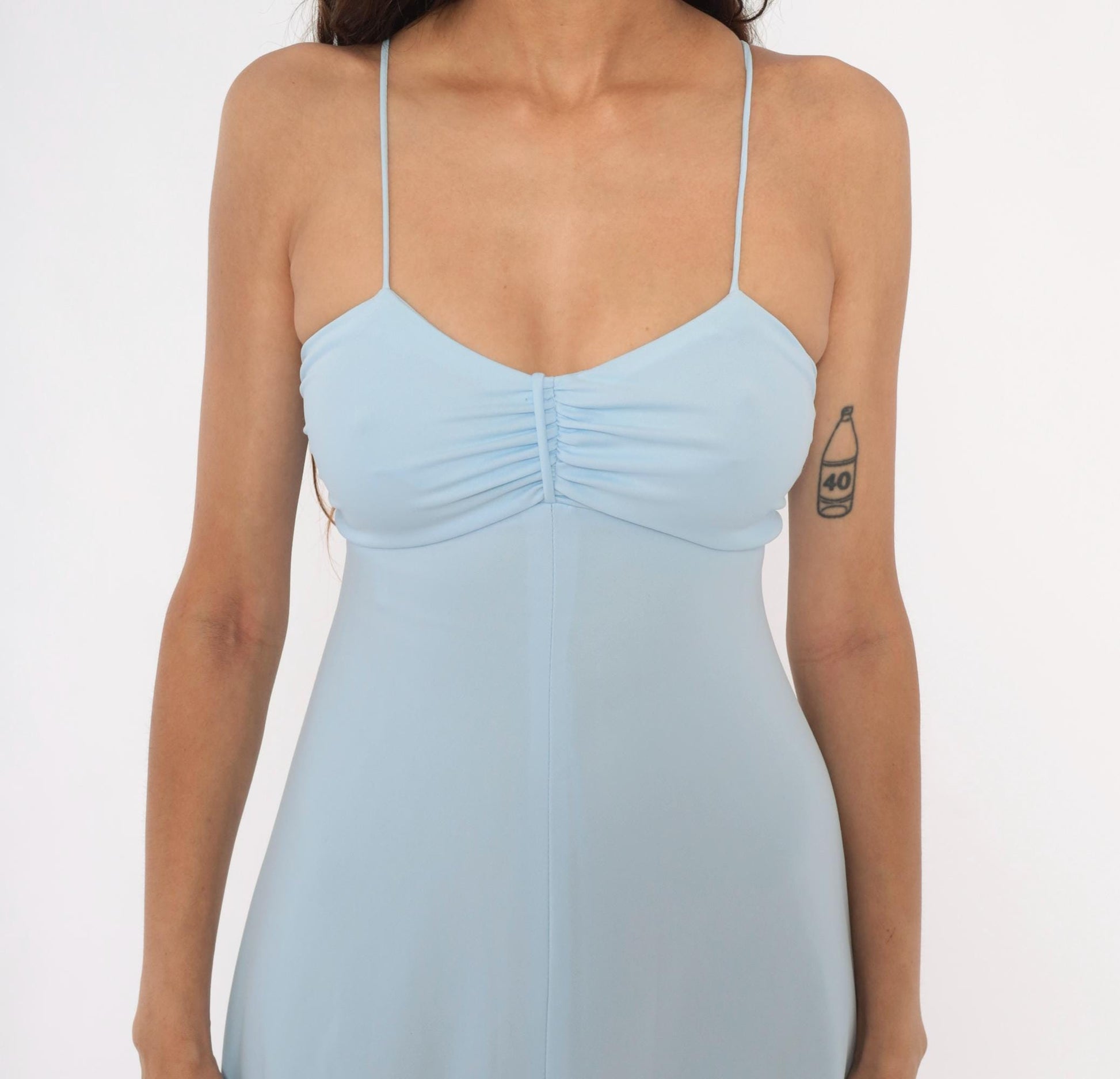 70s Baby Blue Maxi Dress Spaghetti Strap Sweetheart Neckline Empire Waist Extra Small XS