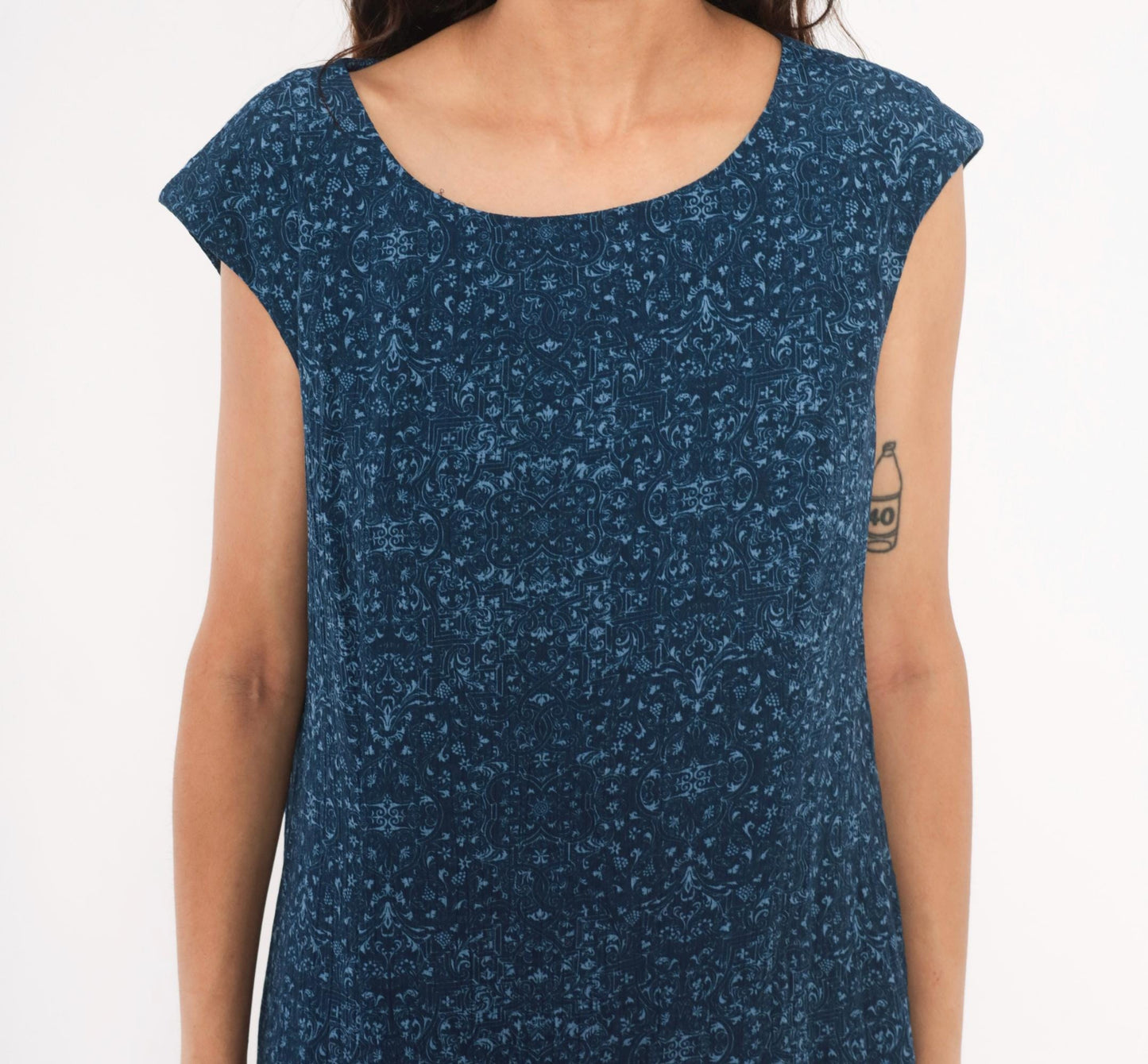 90s Talbots Indigo Floral Cotton Shift Dress Navy Cap Sleeve Large L