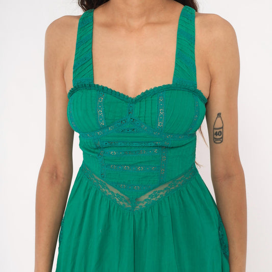 Y2K Free People Teal Lace Corset Sundress Sweetheart Neckline Cotton XS