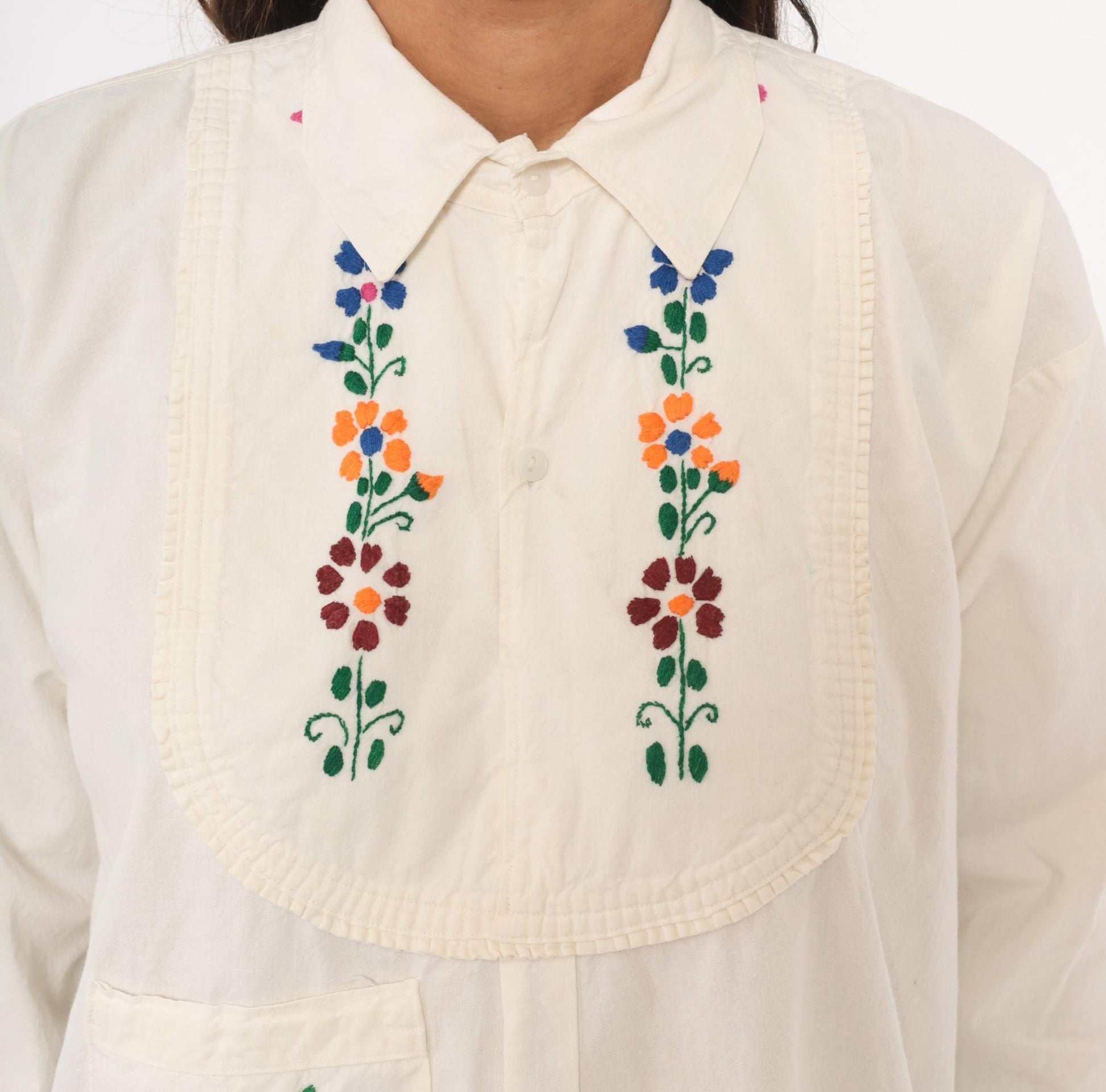 70s Mexican Embroidered Floral Blouse Cream Cotton Peasant Top Medium