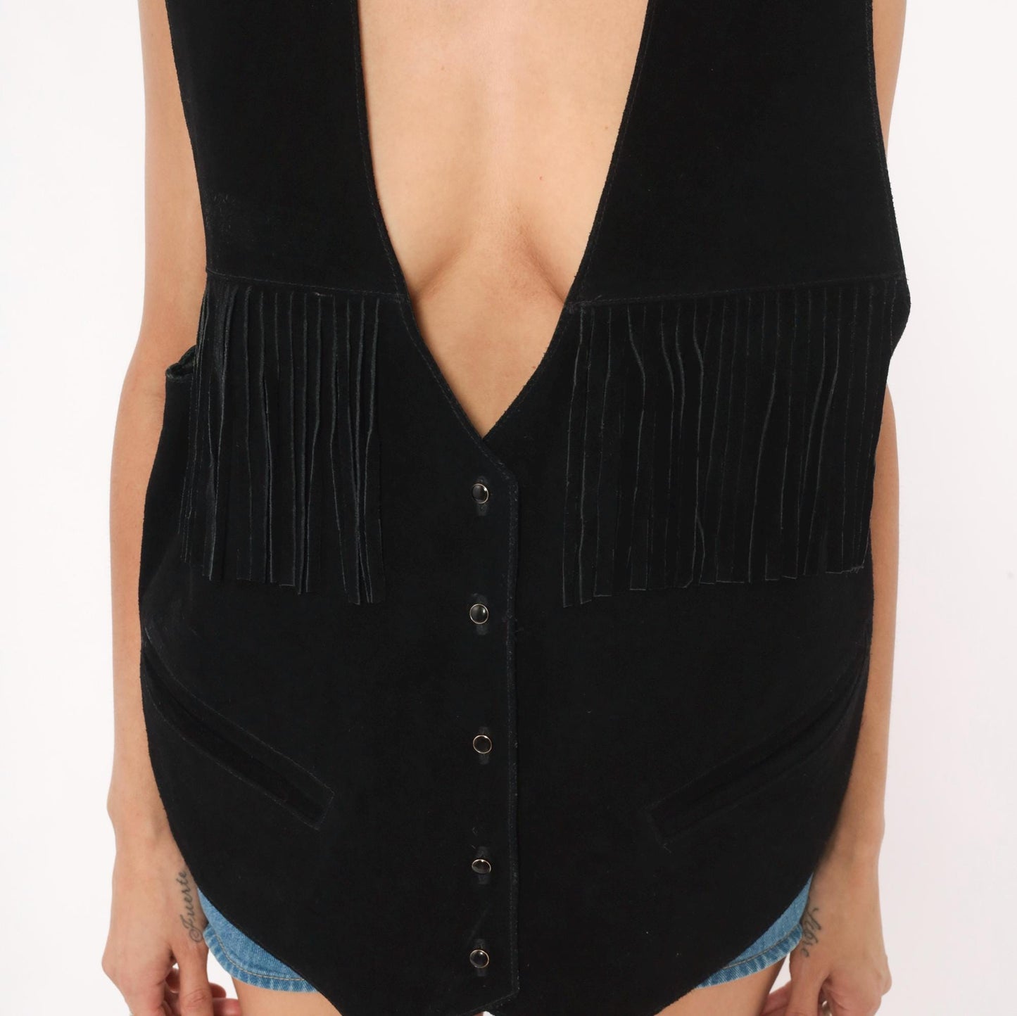 90s Bonjour Black Suede Fringe Vest V-Neck Snap Button Western Extra Large XXL