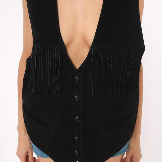 90s Bonjour Black Suede Fringe Vest V-Neck Snap Button Western Extra Large XXL
