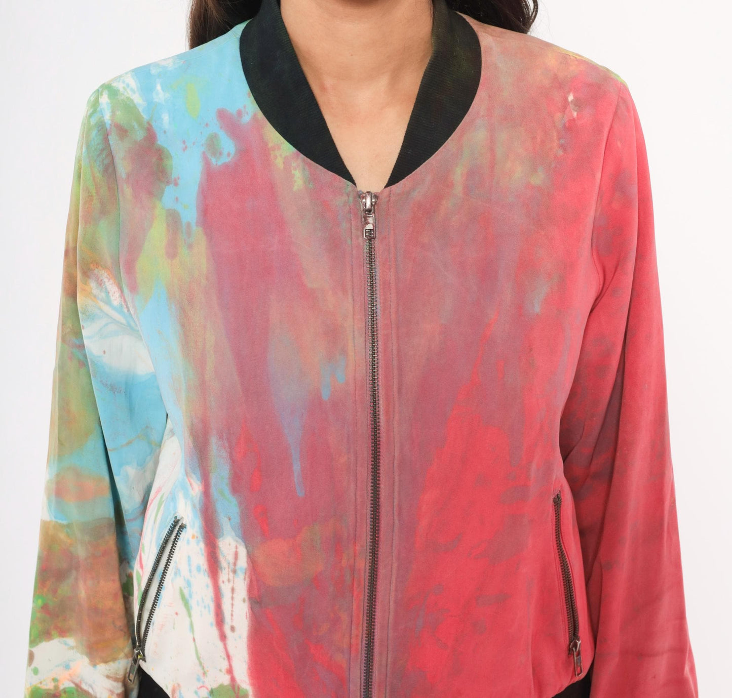2000s Mural Paint Splatter Bomber Jacket Multicolor Abstract Zip Front Medium