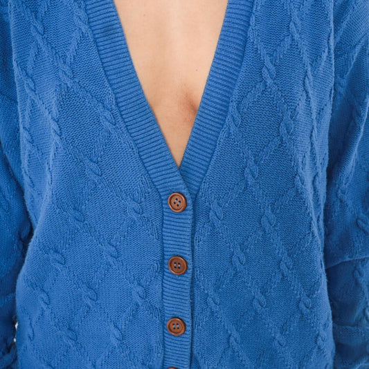 80s Pendleton Cable Knit Cardigan Blue Cotton V Neck Wooden Buttons Medium M