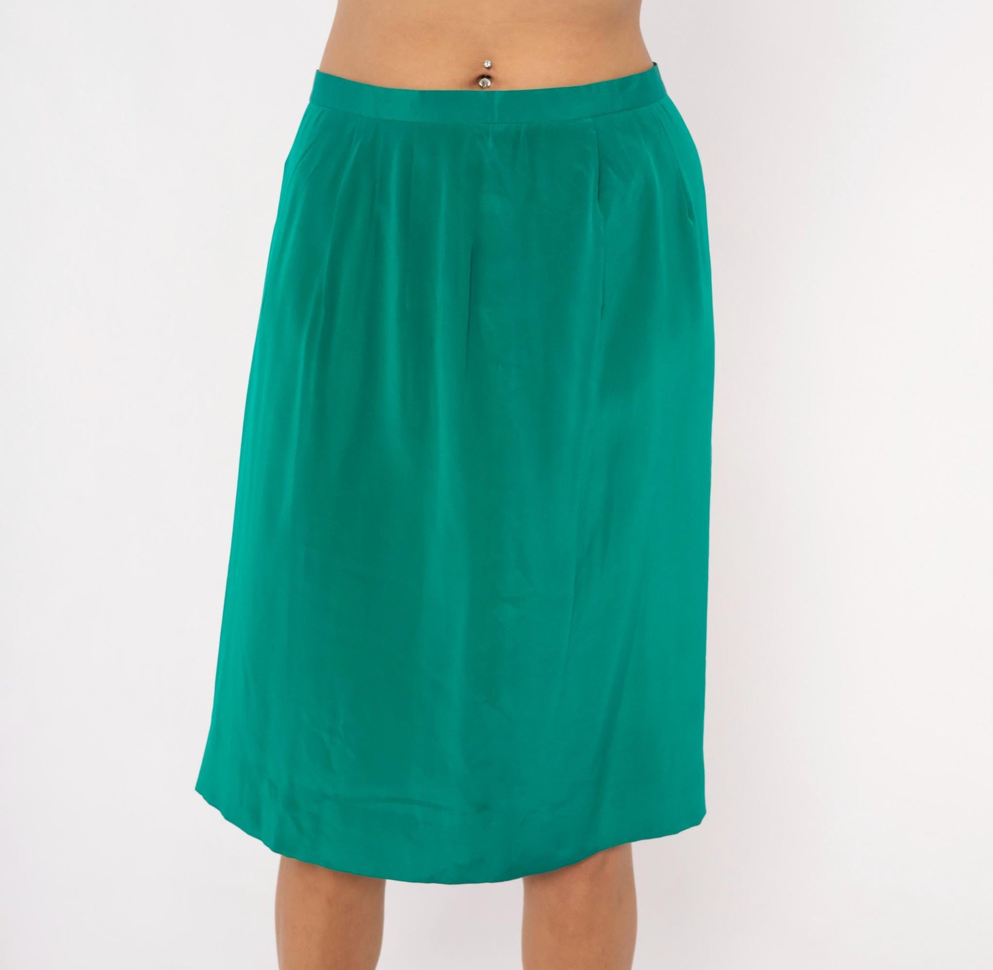 90s Teal Pencil Skirt Emerald Green Pleated A-Line Knee-Length Medium M
