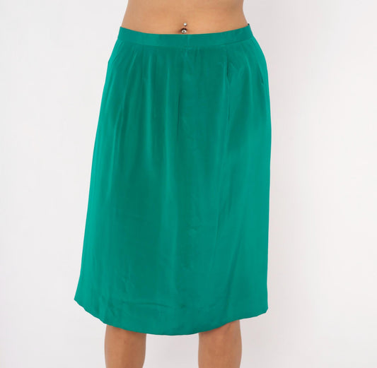 90s Teal Pencil Skirt Emerald Green Pleated A-Line Knee-Length Medium M