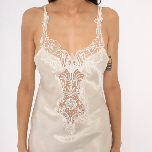 90s California Dynasty Cream Satin Slip Dress Floral Lace Cutwork Open Back Medium M