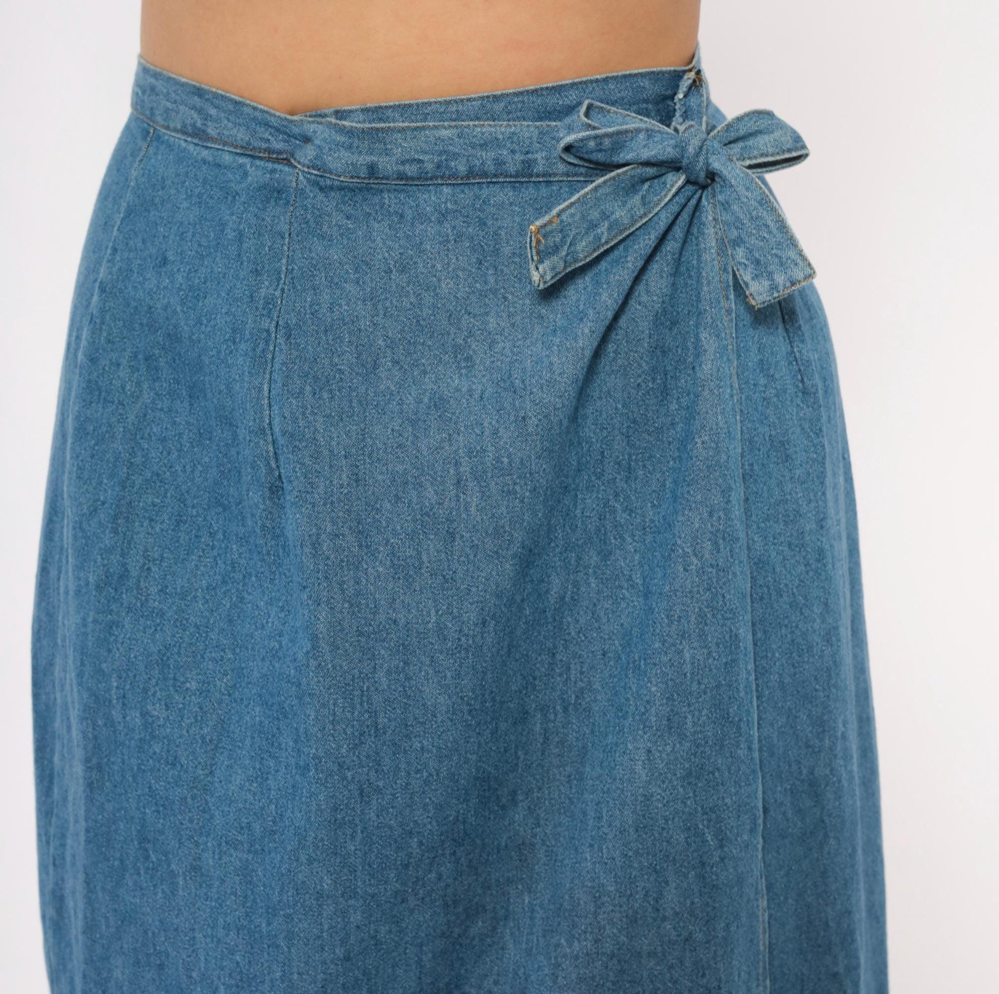 90s Founded 1989 Denim Wrap Skirt Midi Blue Chambray Cotton Extra Small
