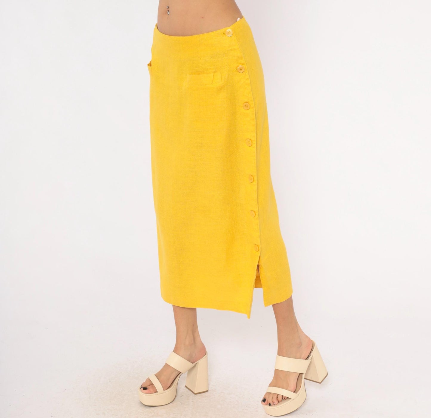 80s Ta. Whitney Linen Midi Skirt Golden Yellow A-Line Large L