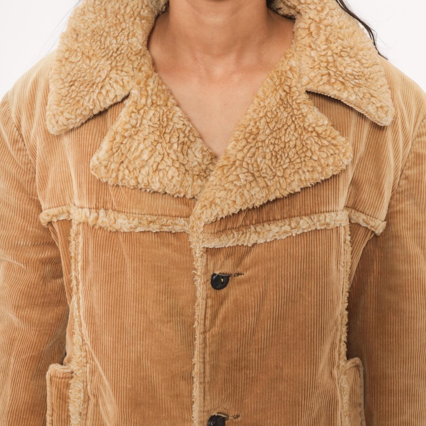 70s JCPenney Tan Corduroy Sherpa Coat Button Front Jacket Medium M