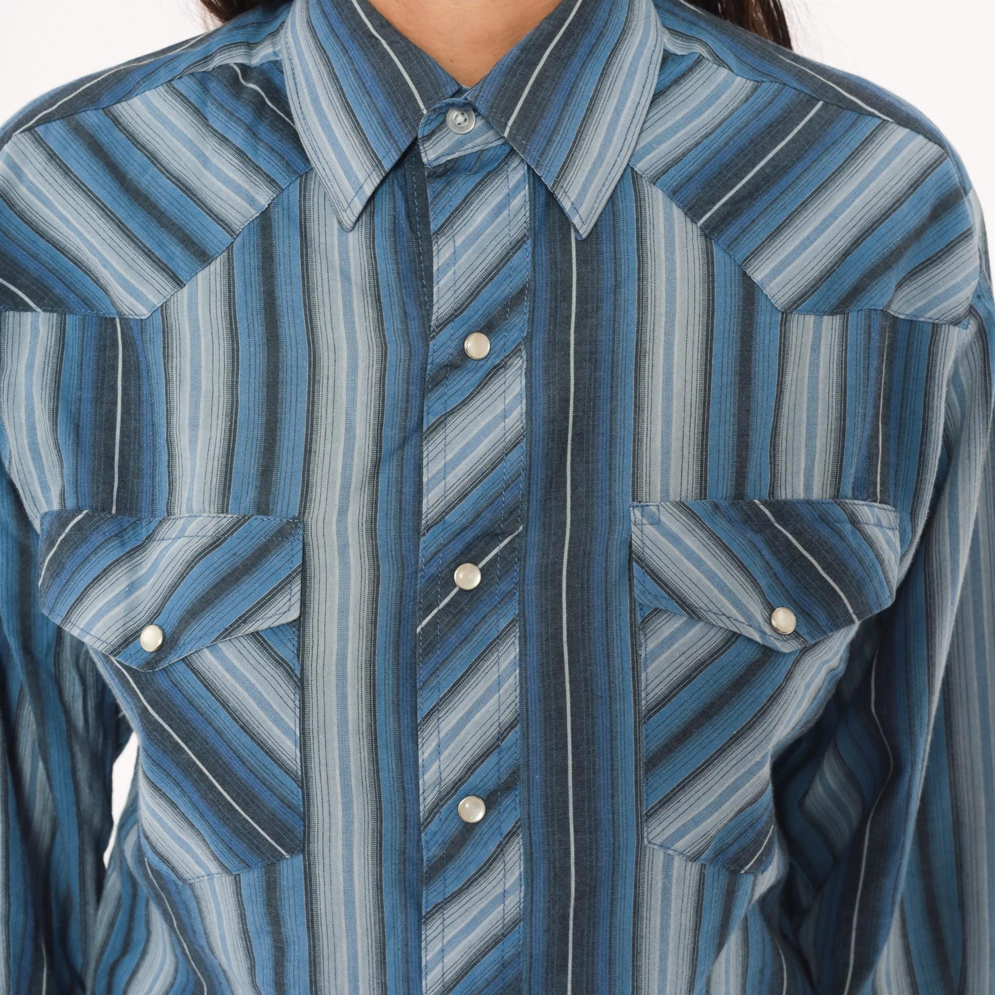 90s Wrangler Western Shirt Blue Striped Pearl Snap Pointed Collar Small S