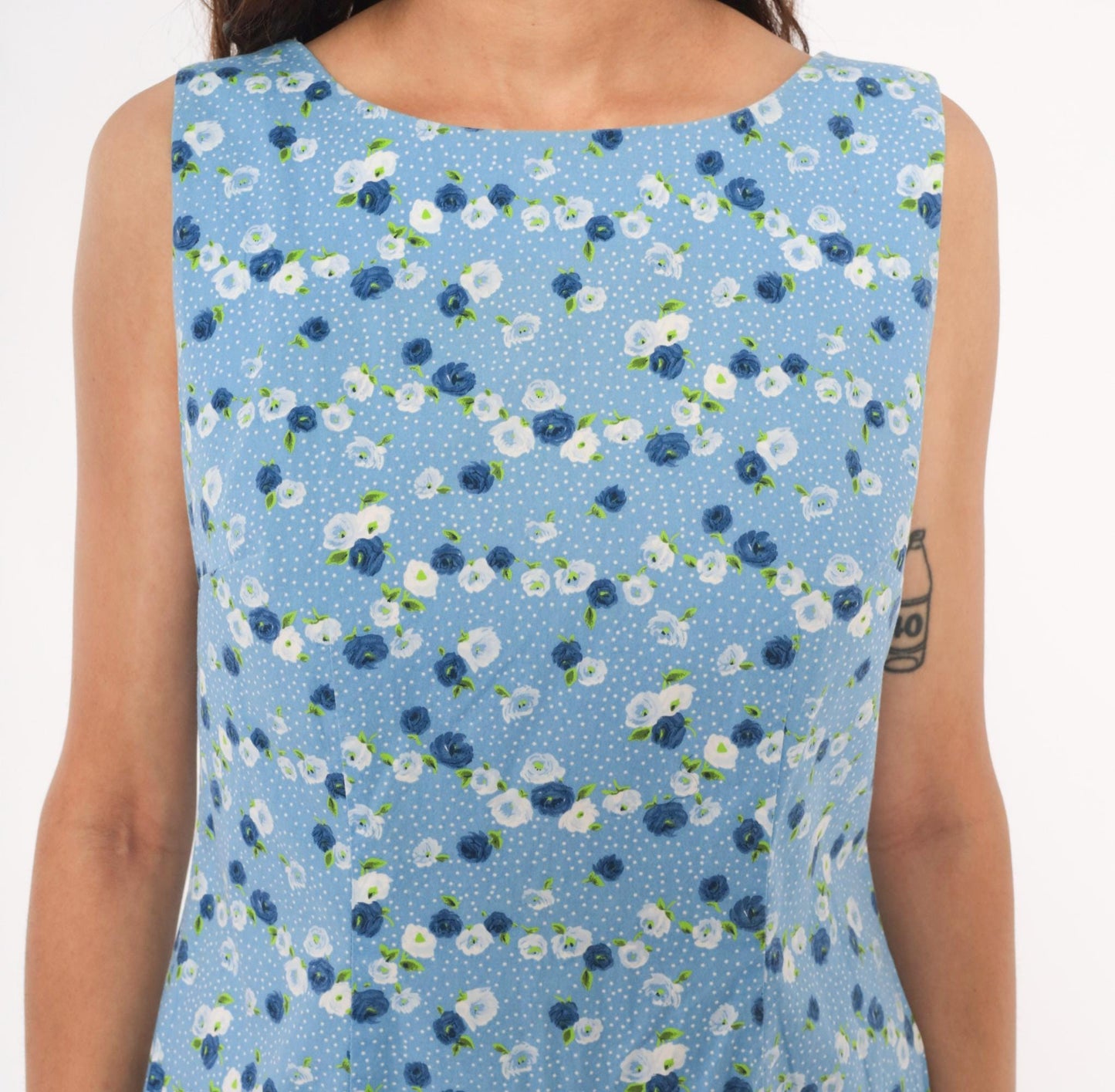 90s Cdc Floral Shift Dress Sky Blue Cotton Sleeveless Medium