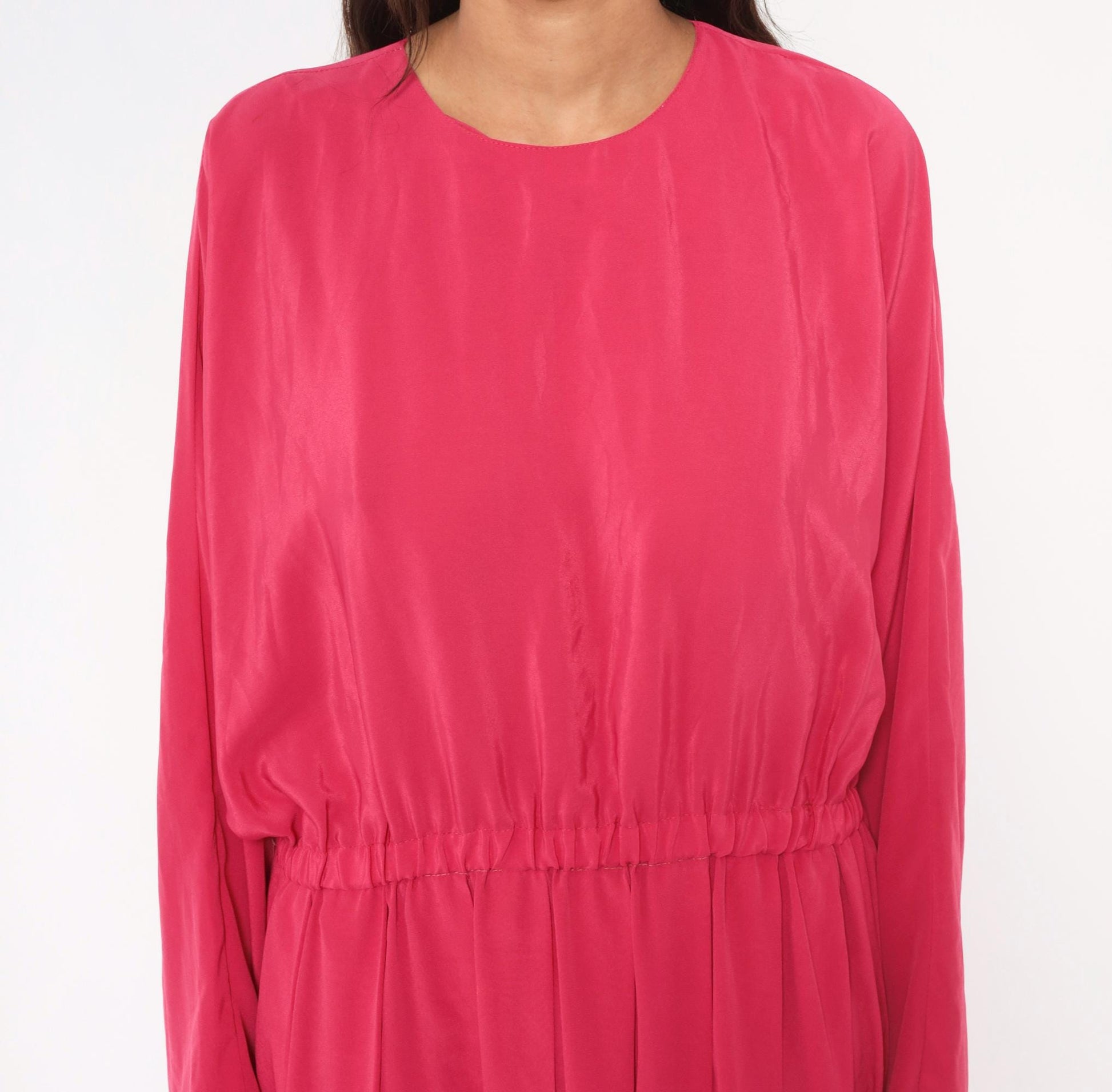 1980s J.Ellis II Fuchsia Midi Dress Blouson Waist Pleated Skirt Extra Large