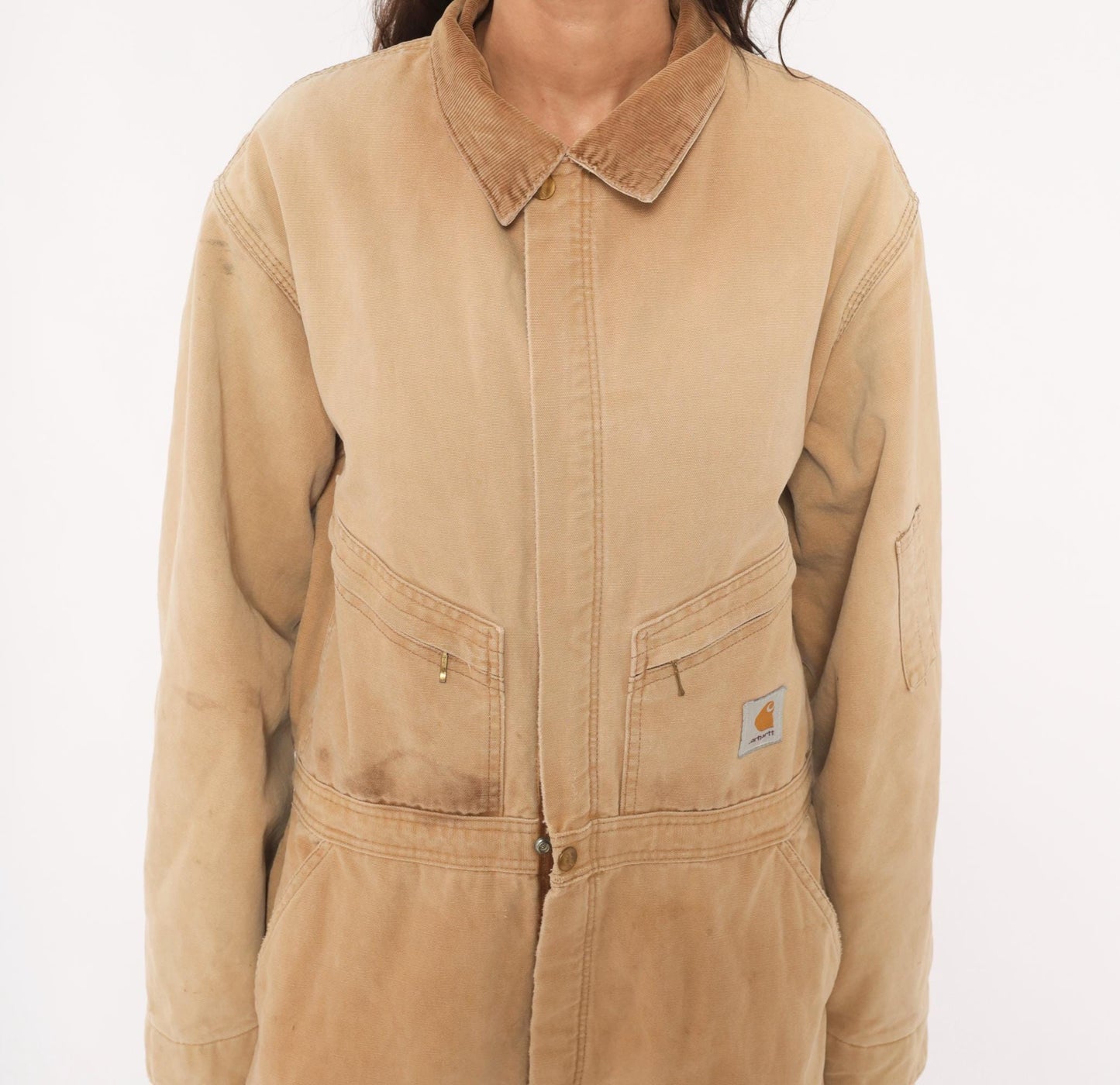 90s Carhartt Insulated Duck Canvas Coveralls Tan Distressed XXL