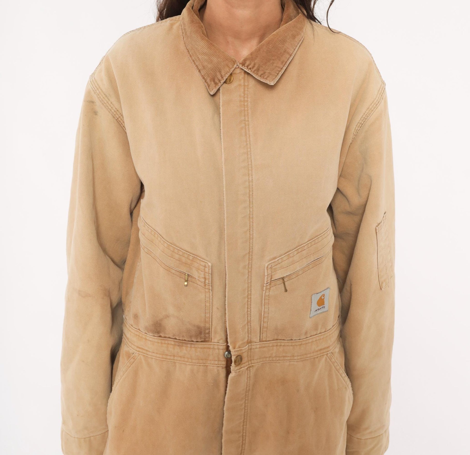 90s Carhartt Insulated Duck Canvas Coveralls Tan Distressed XXL