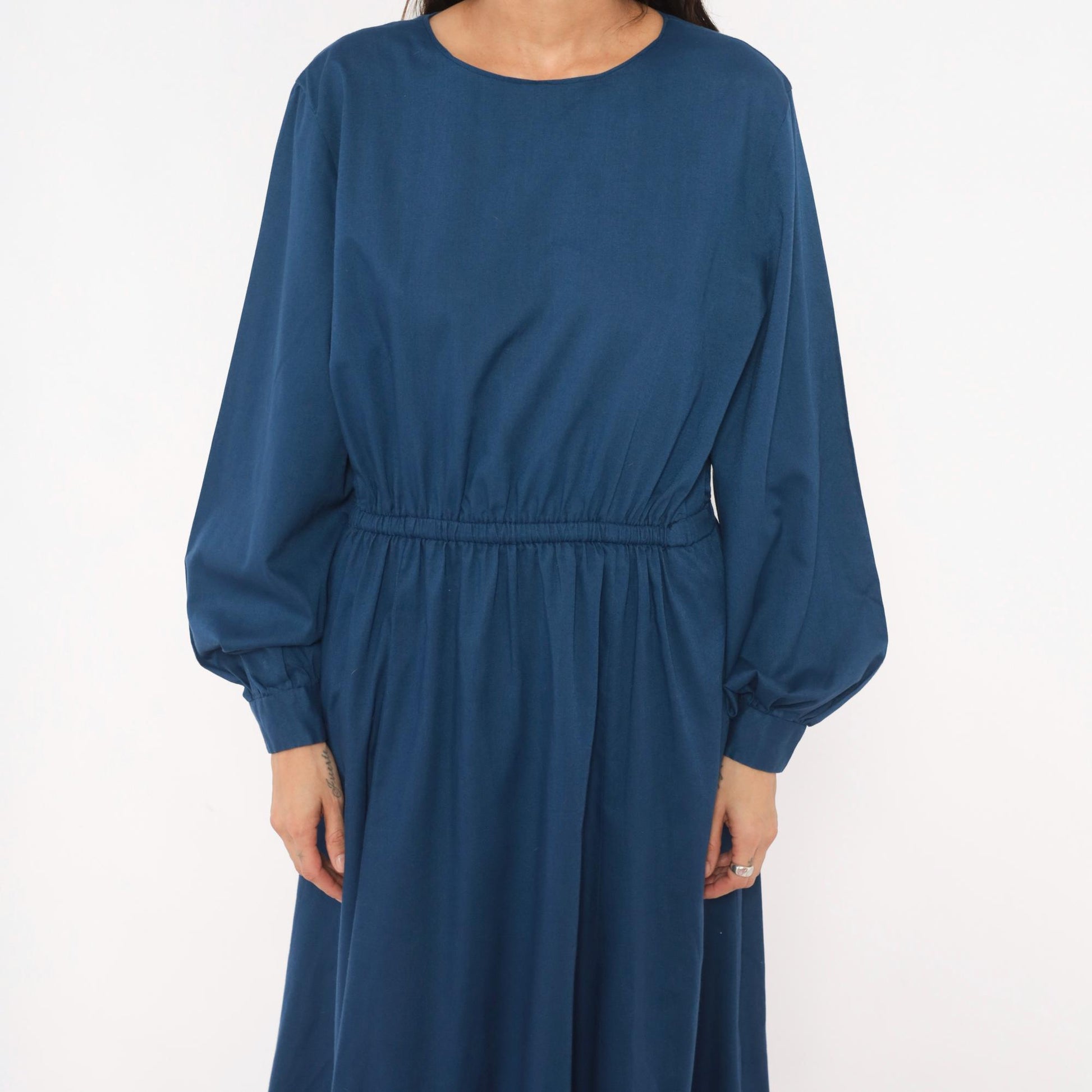 80s Navy Cotton Midi Dress Balloon Sleeve Elastic Waist Small Medium