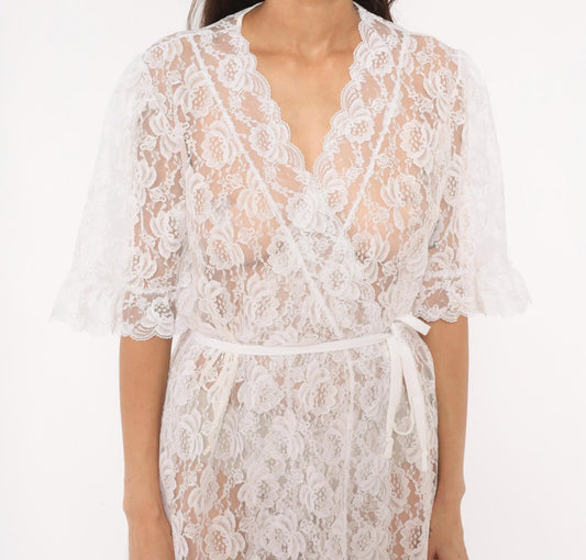 80s Pinehurst White Lace Maxi Robe Scalloped Floral Sheer Wrap Medium M