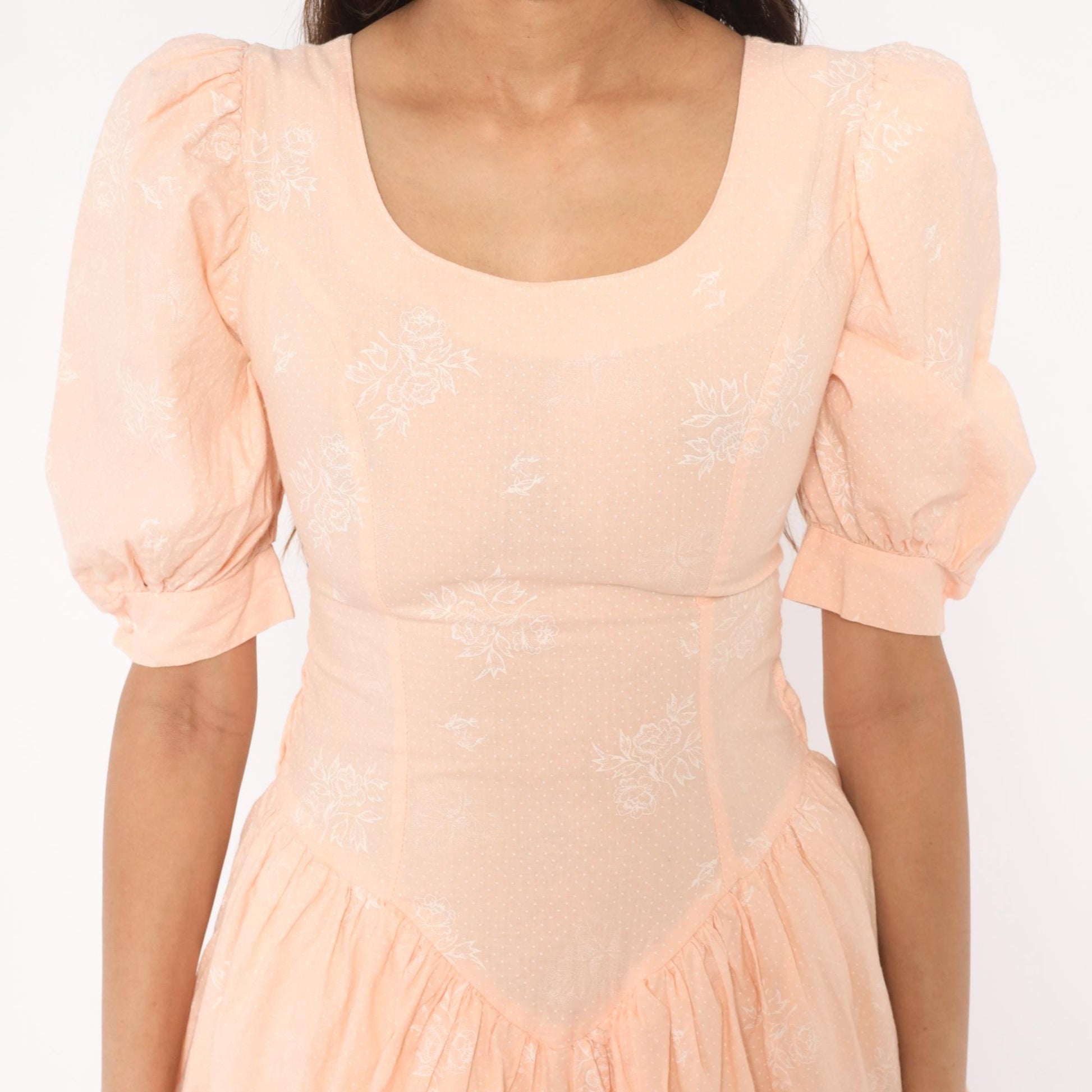 80s J.B.Xpress Puff Sleeve Mini Dress Peach Floral Cotton Basque Waist Extra Small XS
