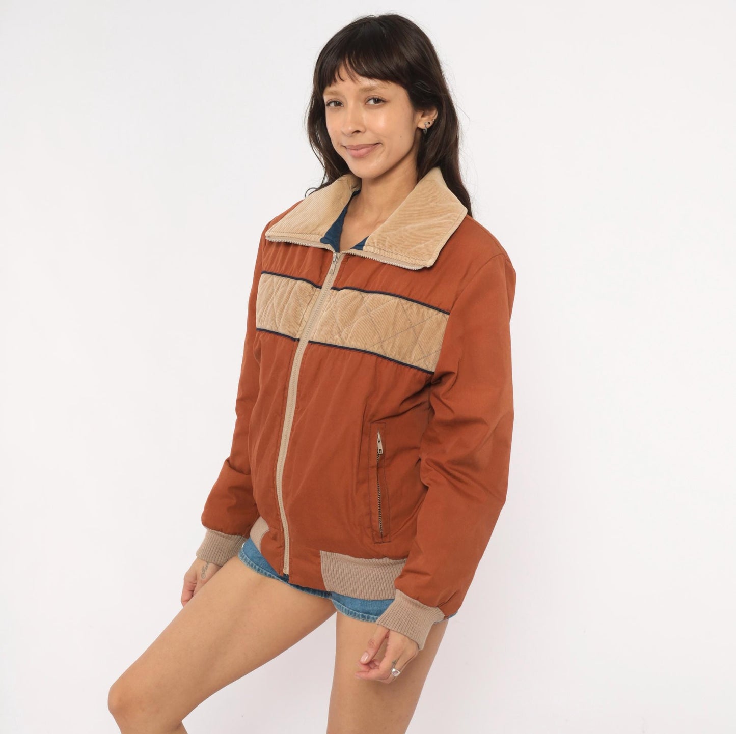 70s Golden Bay Ski Bomber Jacket Rust Brown Corduroy Color Block Small