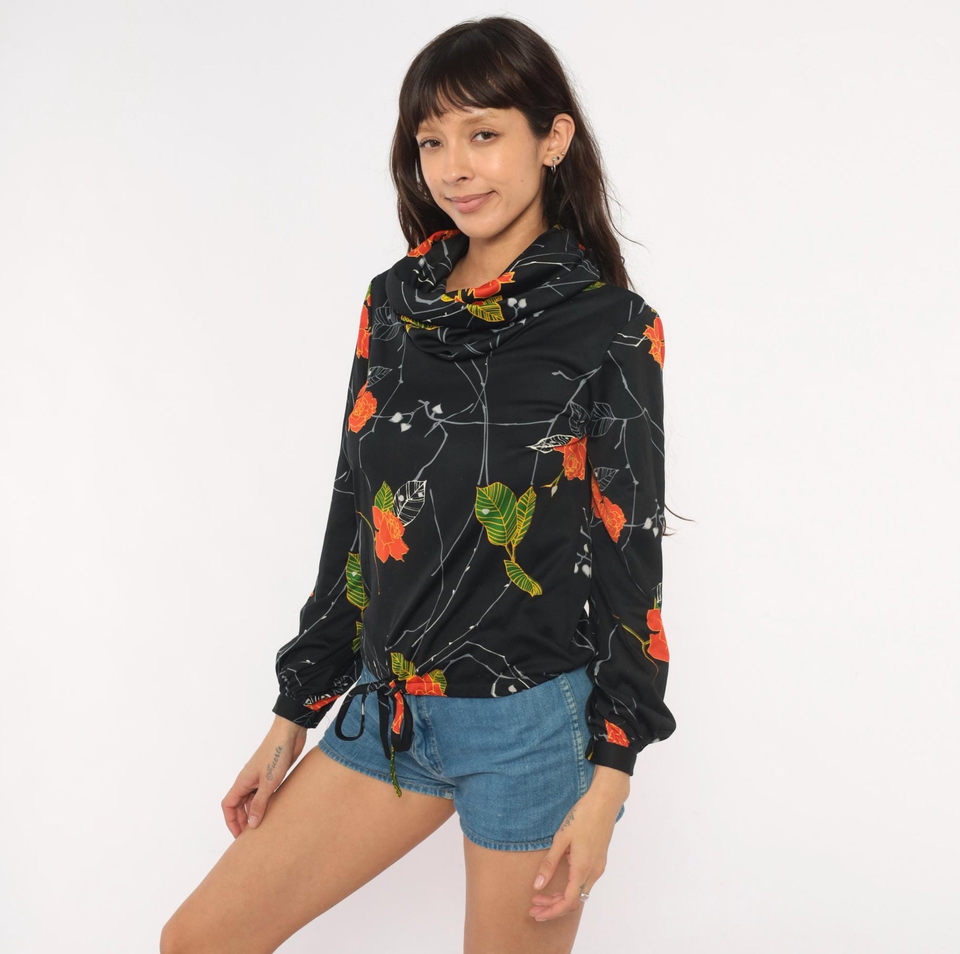 70s Lady Manhattan Cowl Neck Blouse Black Orange Rose Print Long Sleeve Small