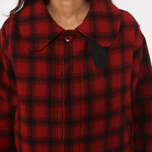 80s Woolrich Buffalo Plaid Wool Hunting Jacket Black Red Peter Pan Collar Large L