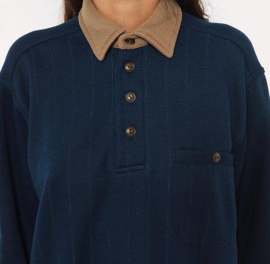 90s Scandia Woods Navy Polo Sweater Tan Elbow Patches Henley Medium M